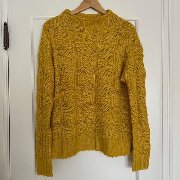 J Crew Pointelle Cable Knit Mock Neck Sweater in Mustard Yellow | Size Small - Picture 2 of 7